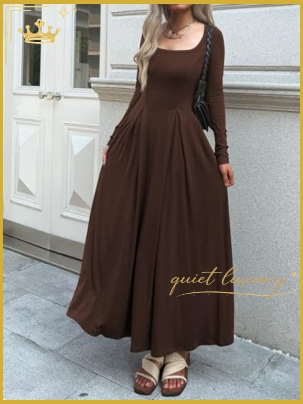 Women Long Sleeve Square Neck Maxi Dress A-Line Pleated Flowy with Pockets - Picture 2 of 6